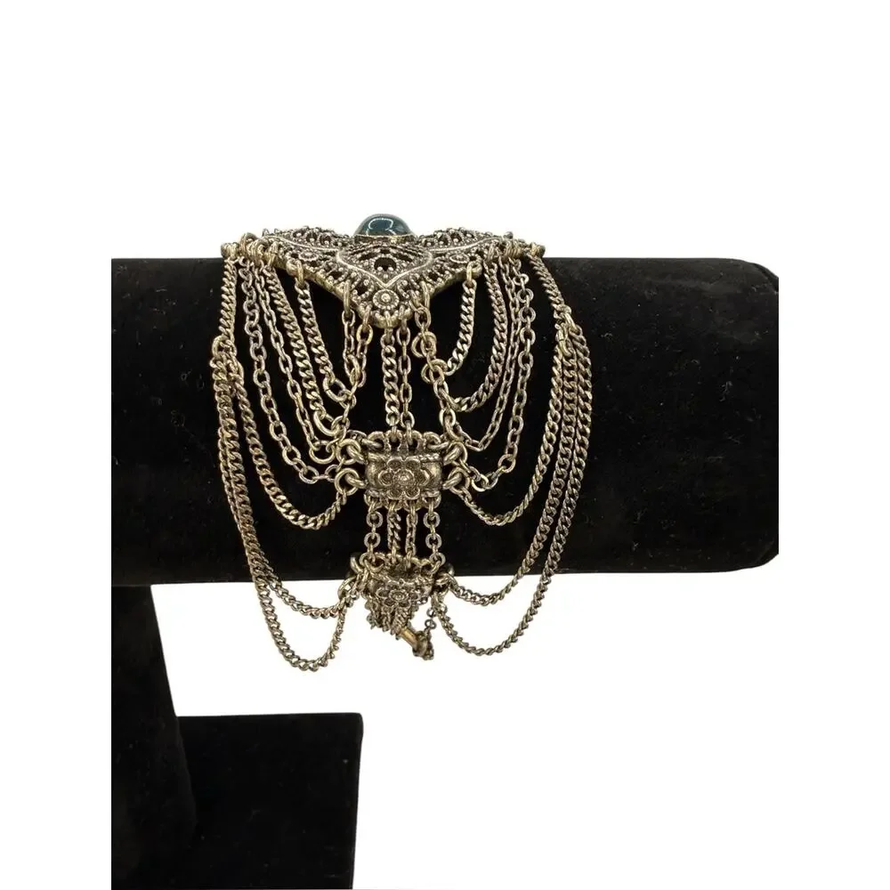 Lucky Brand Vintage Silver Filigree Flower Cuff Bracelet with Teal Cabochon